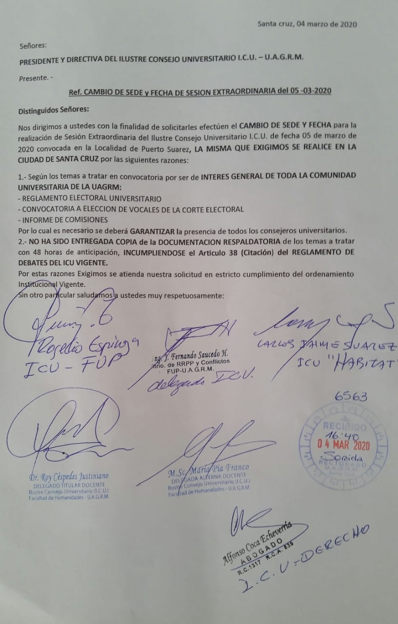 UAGRM. Delegados al Consejo Universitario denuncian que no les entregan documentos a tiempo