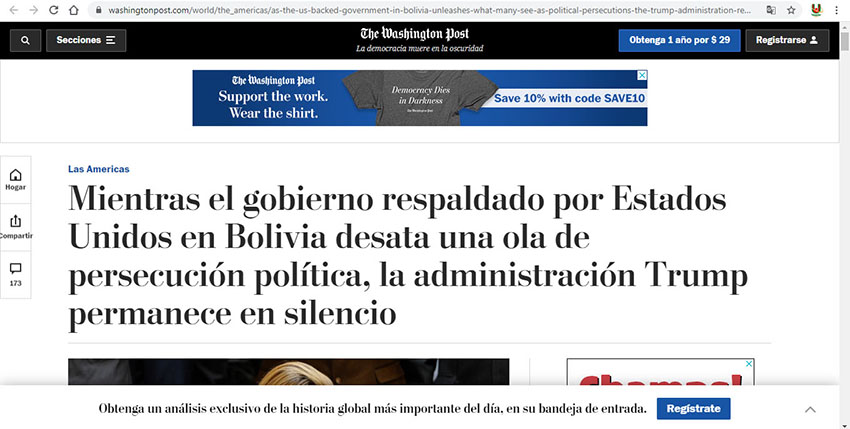 El Washington Post denuncia persecución política en Bolivia y critica el silencio de EE.UU.
