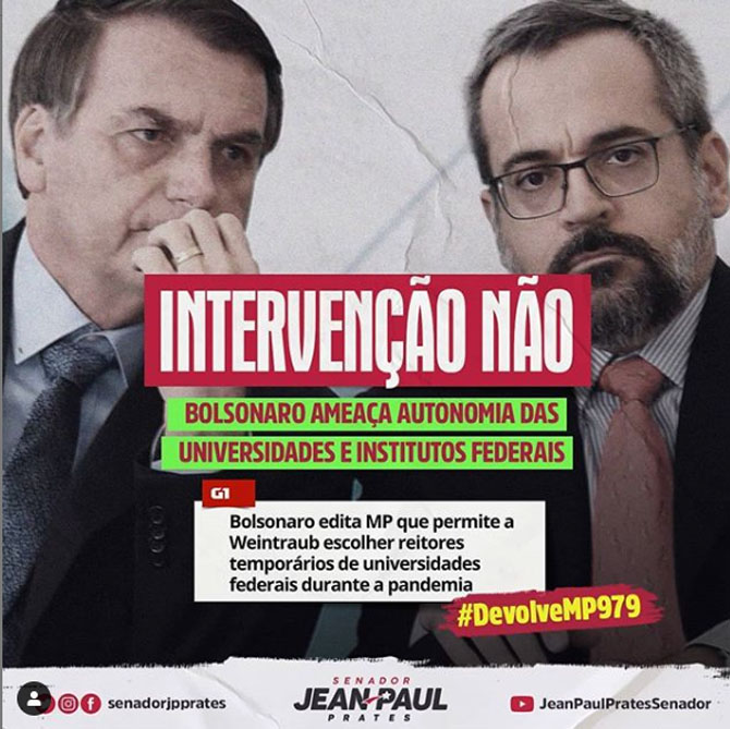 Bolsonaro evita elección en universidades estatales y autoriza a su ministro a designar rectores.